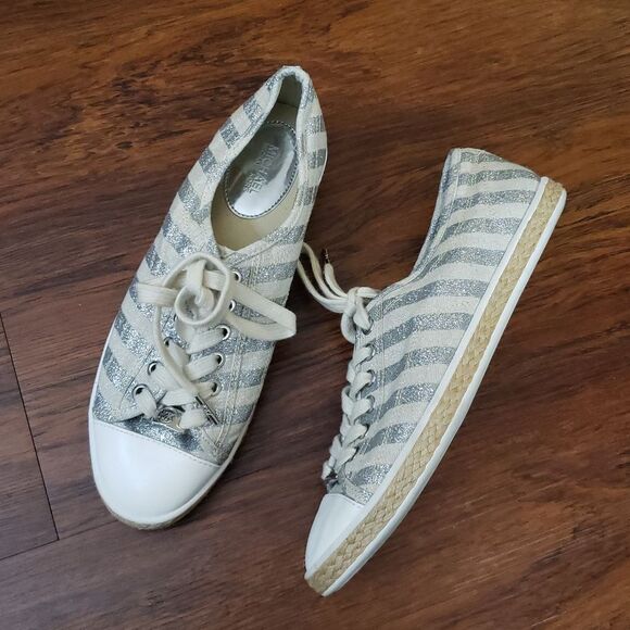 Michael Kors Women's Silver Glitter Striped Braided Trim Chic Sneakers Size 8.5 - Picture 1 of 6